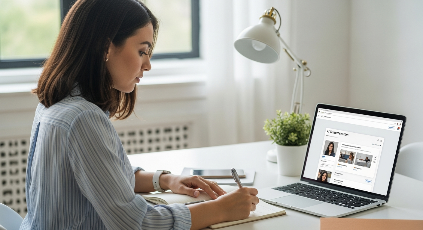 A woman uses a laptop for AI-assisted research.