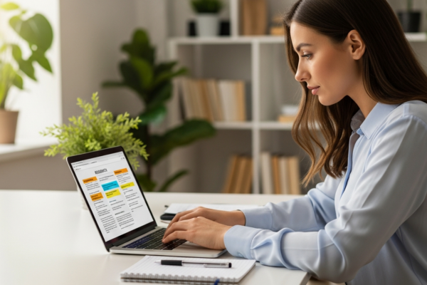 A woman is using a laptop for research.