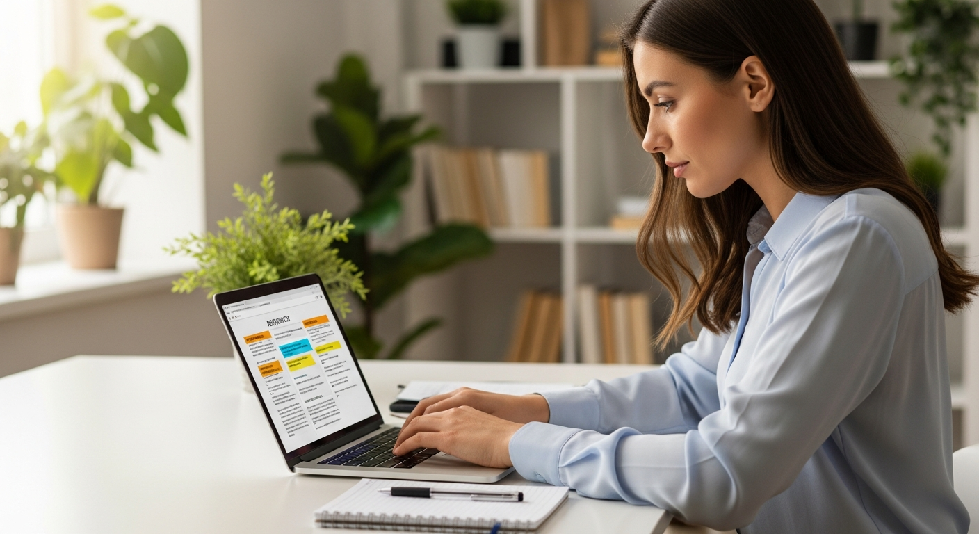 A woman is using a laptop for research.