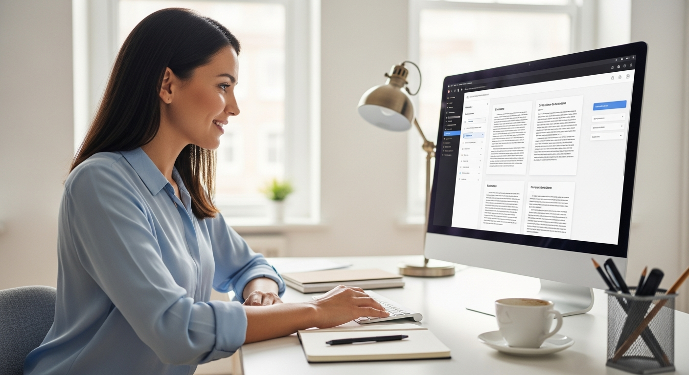 Woman using AI software to summarize documents on her computer.