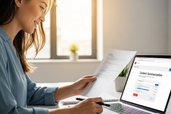 A woman uses AI software to summarize content on her laptop.