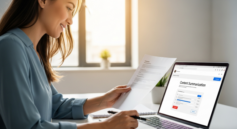 A woman uses AI software to summarize content on her laptop.