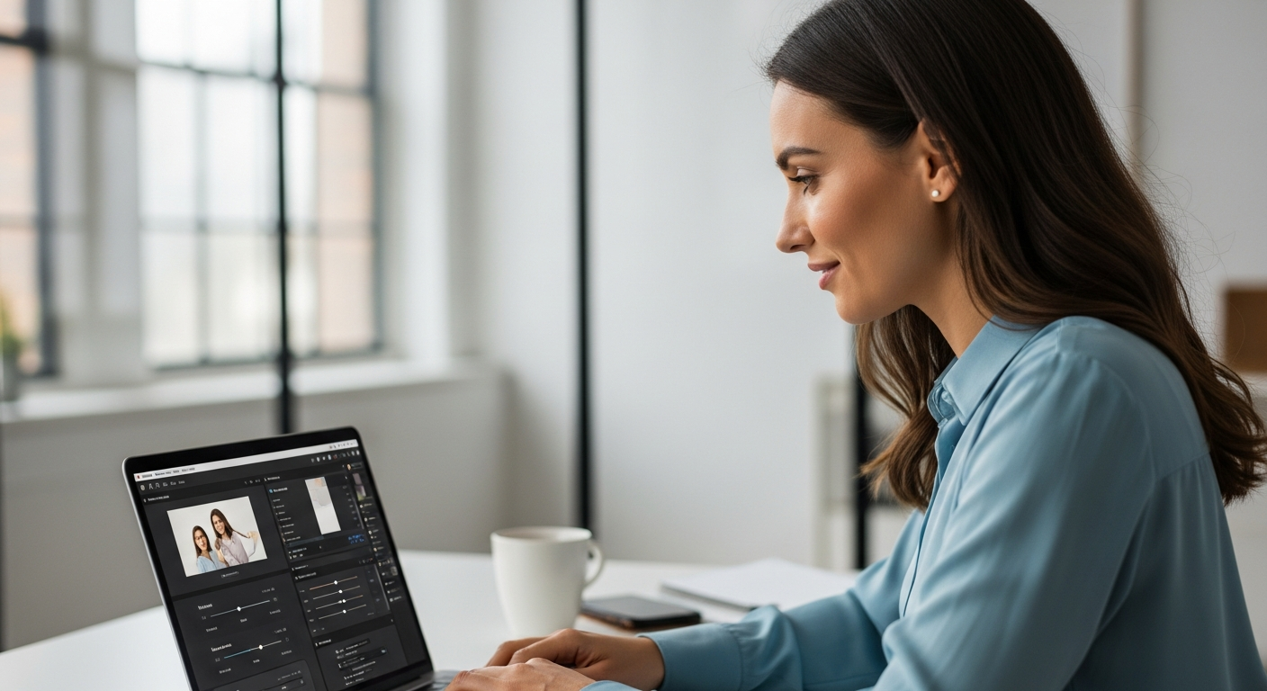 A woman uses a laptop to analyze content tone.