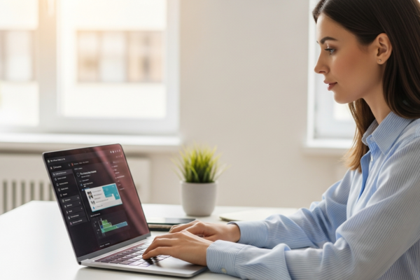 Woman using a laptop for content writing in an office