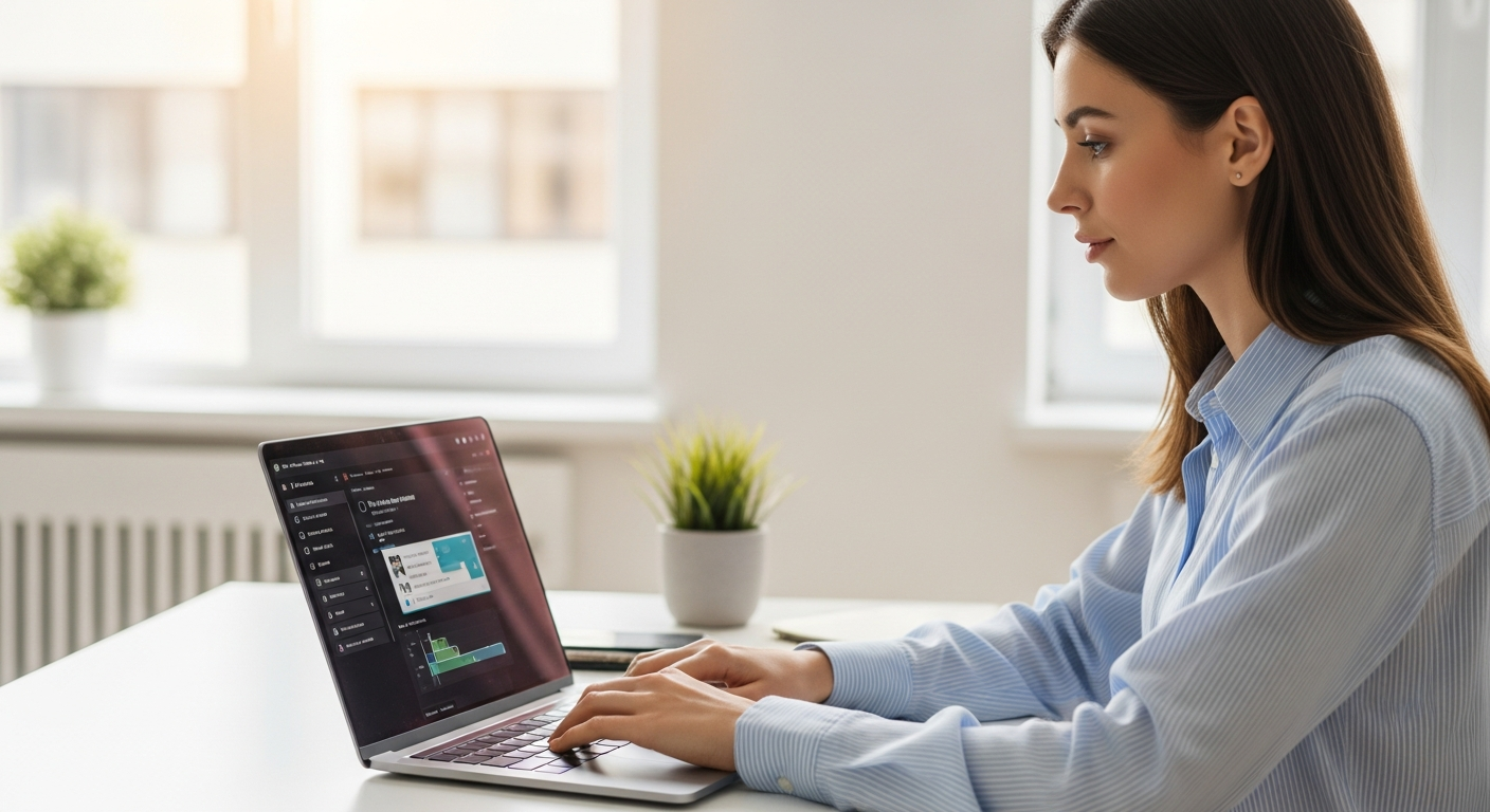 Woman using a laptop for content writing in an office