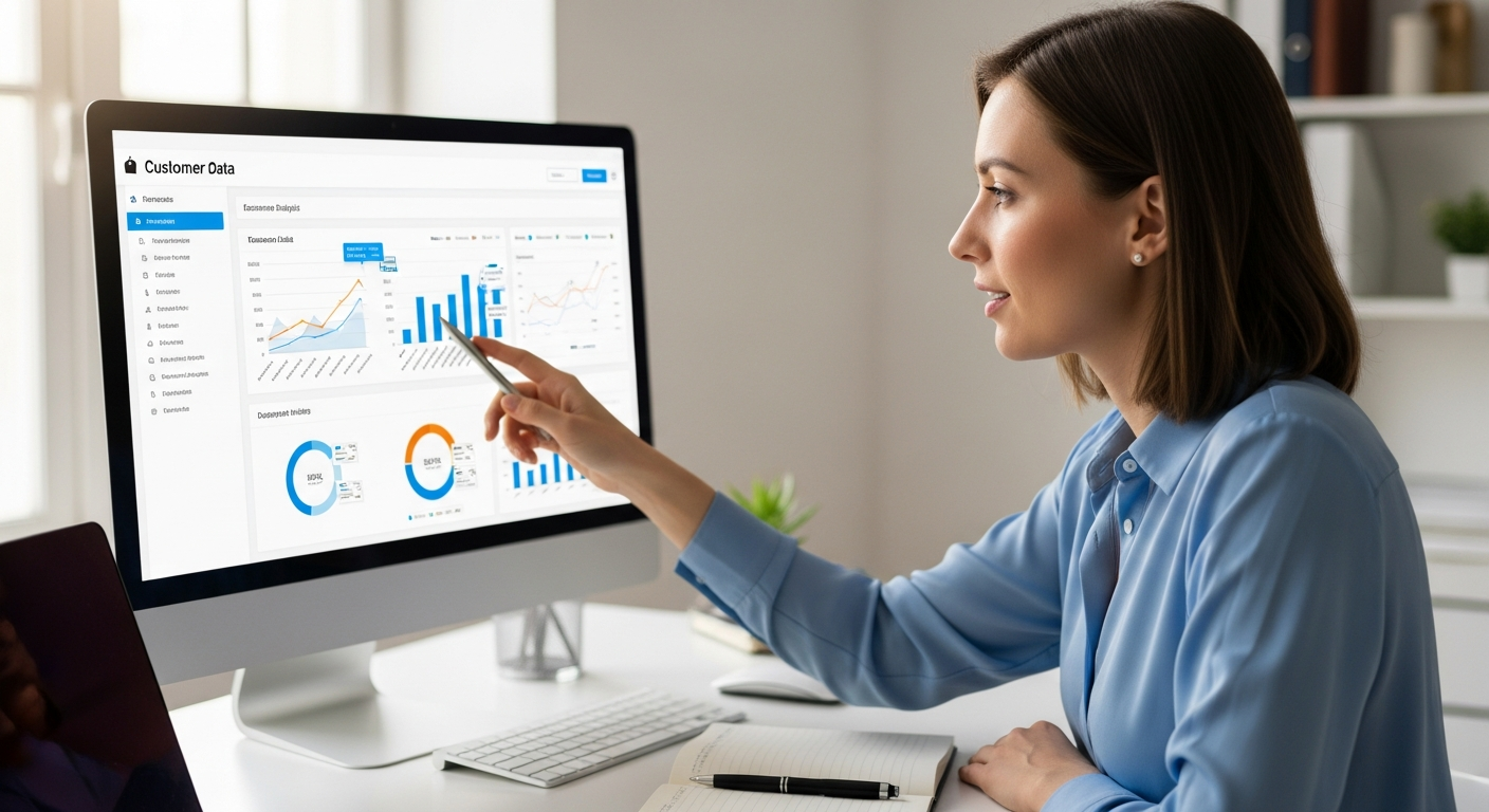 Woman analyzes customer data on a computer screen in an office.