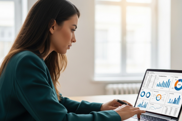 Woman analyzing customer churn data on a laptop in an office