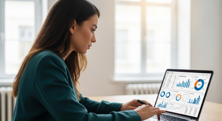 Woman analyzing customer churn data on a laptop in an office