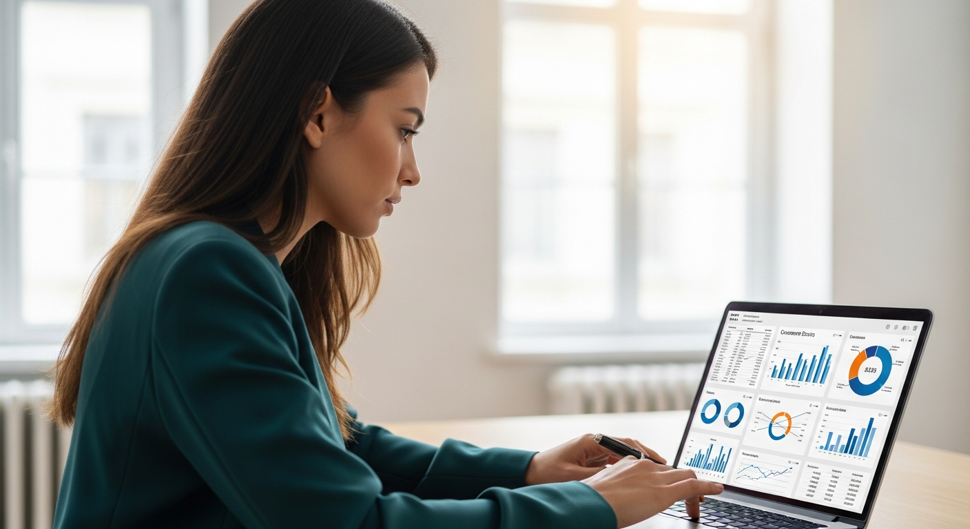 Woman analyzing customer churn data on a laptop in an office