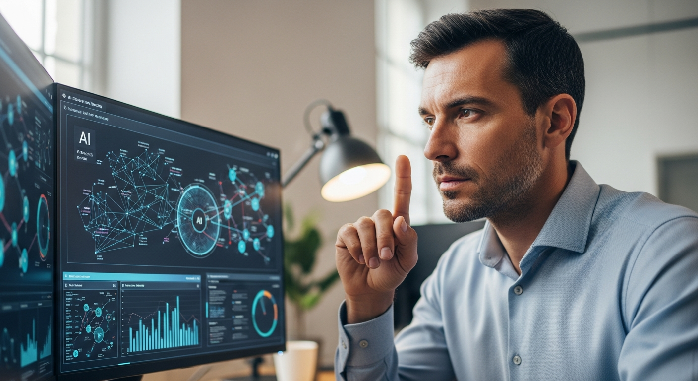 A man analyzes cybersecurity threats using AI on a computer.