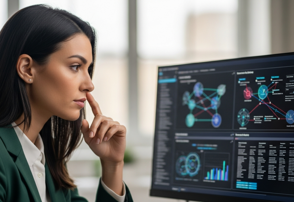 A woman analyzes cybersecurity data on a computer screen.