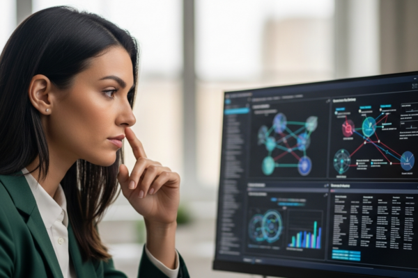 A woman analyzes cybersecurity data on a computer screen.