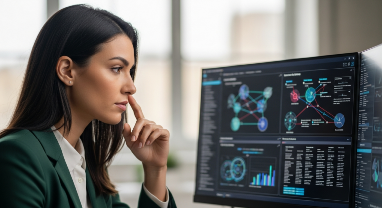 A woman analyzes cybersecurity data on a computer screen.