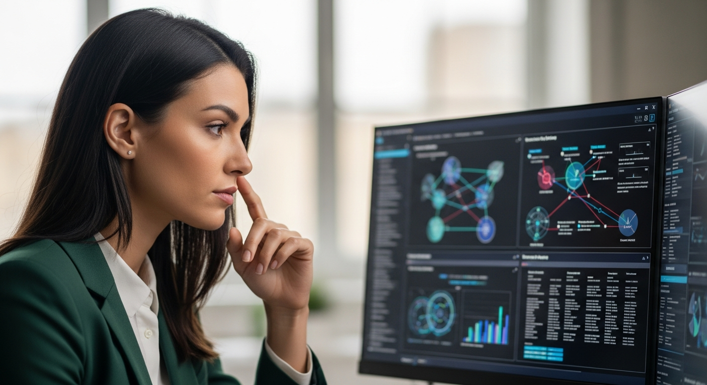 A woman analyzes cybersecurity data on a computer screen.