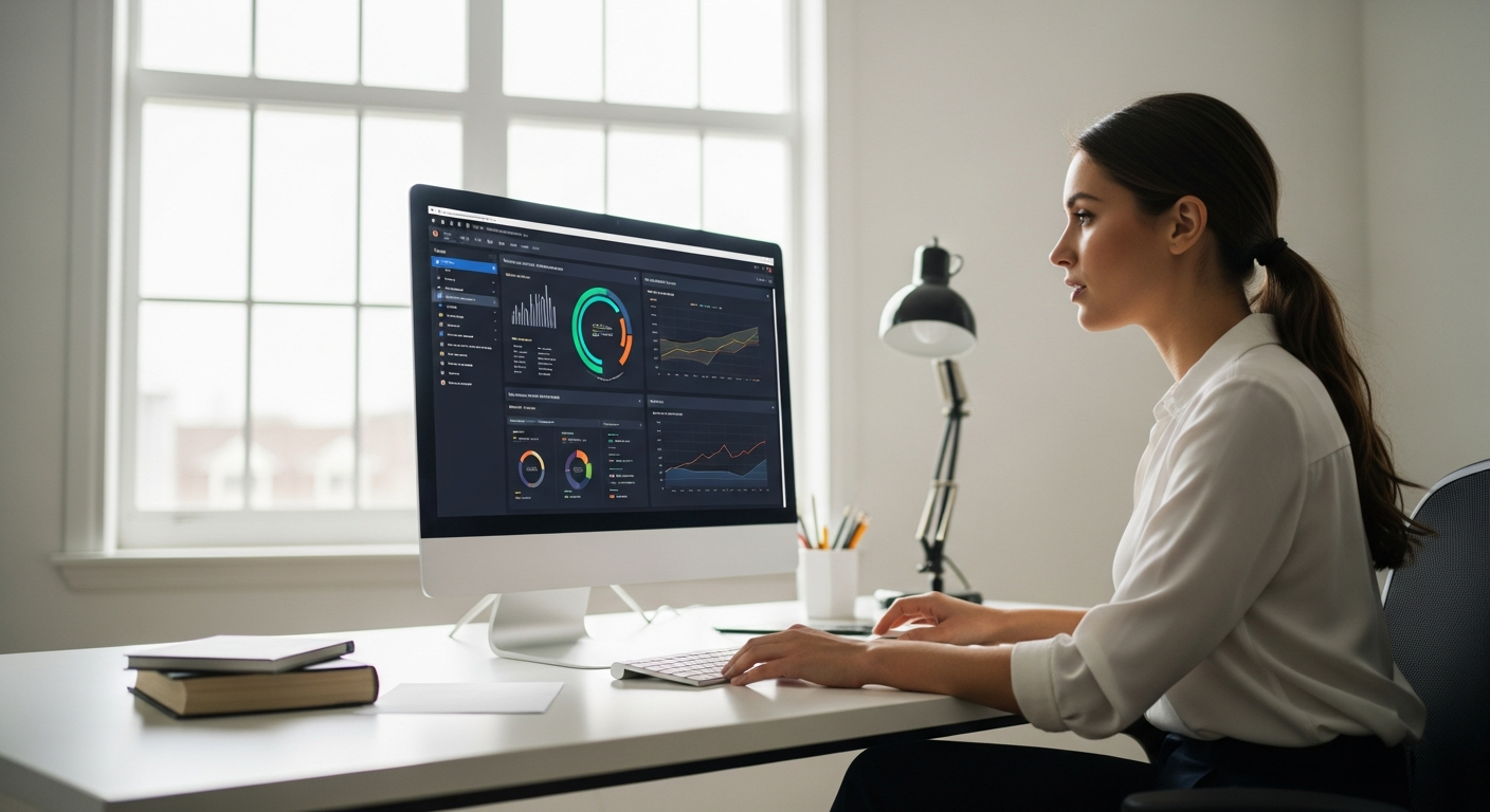 Woman analyzes data on a computer screen