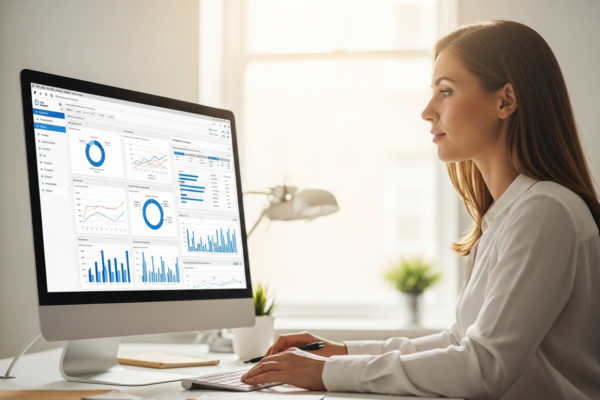 Woman analyzes data on a computer screen in an office.