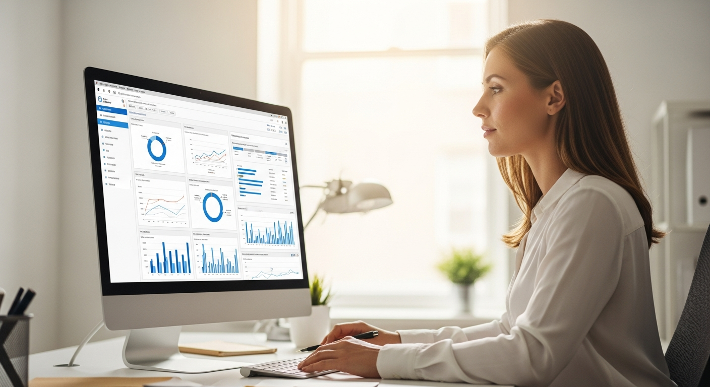 Woman analyzes data on a computer screen in an office.