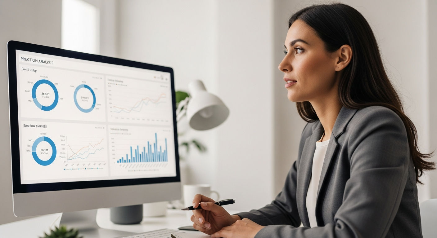 A woman analyzes election polling data on a computer screen.