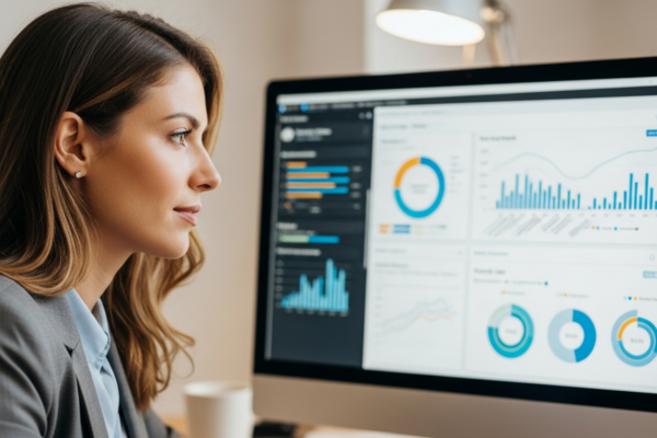 A woman analyzes election data on a computer screen.