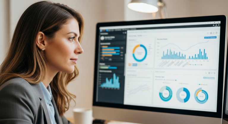 A woman analyzes election data on a computer screen.