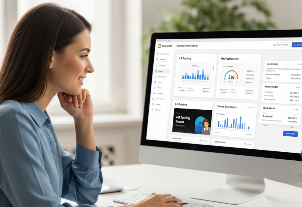 Woman reviews email marketing performance on a computer.