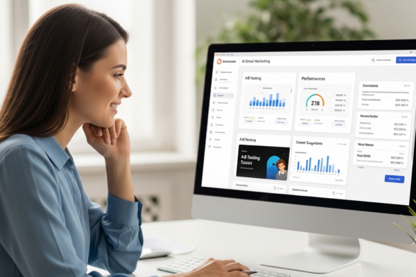 Woman reviews email marketing performance on a computer.