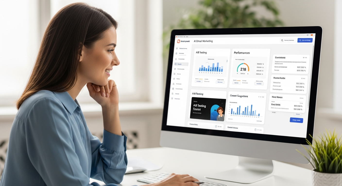 Woman reviews email marketing performance on a computer.