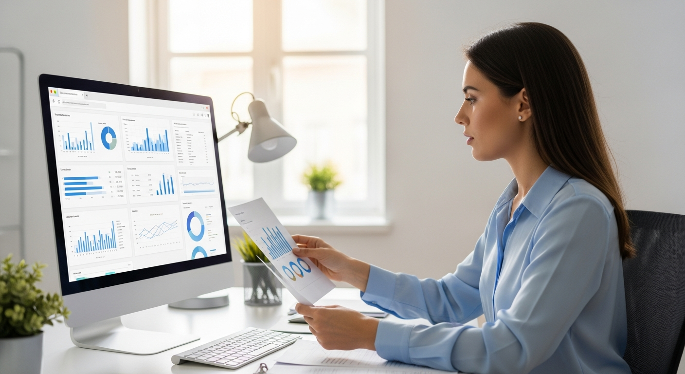 A woman analyzes financial statements using AI software on a computer.