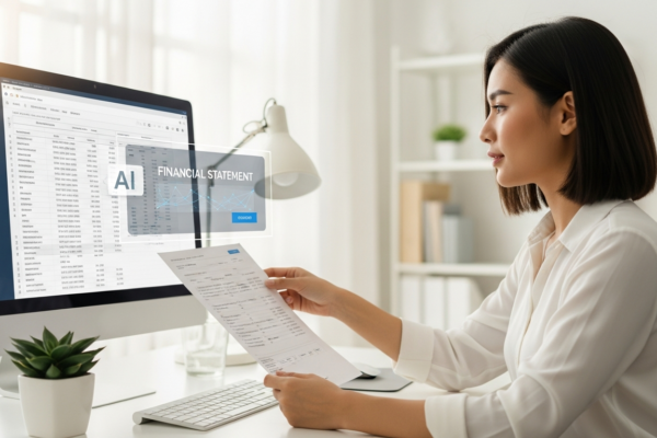 Woman analyzes a financial statement on a computer using AI software.