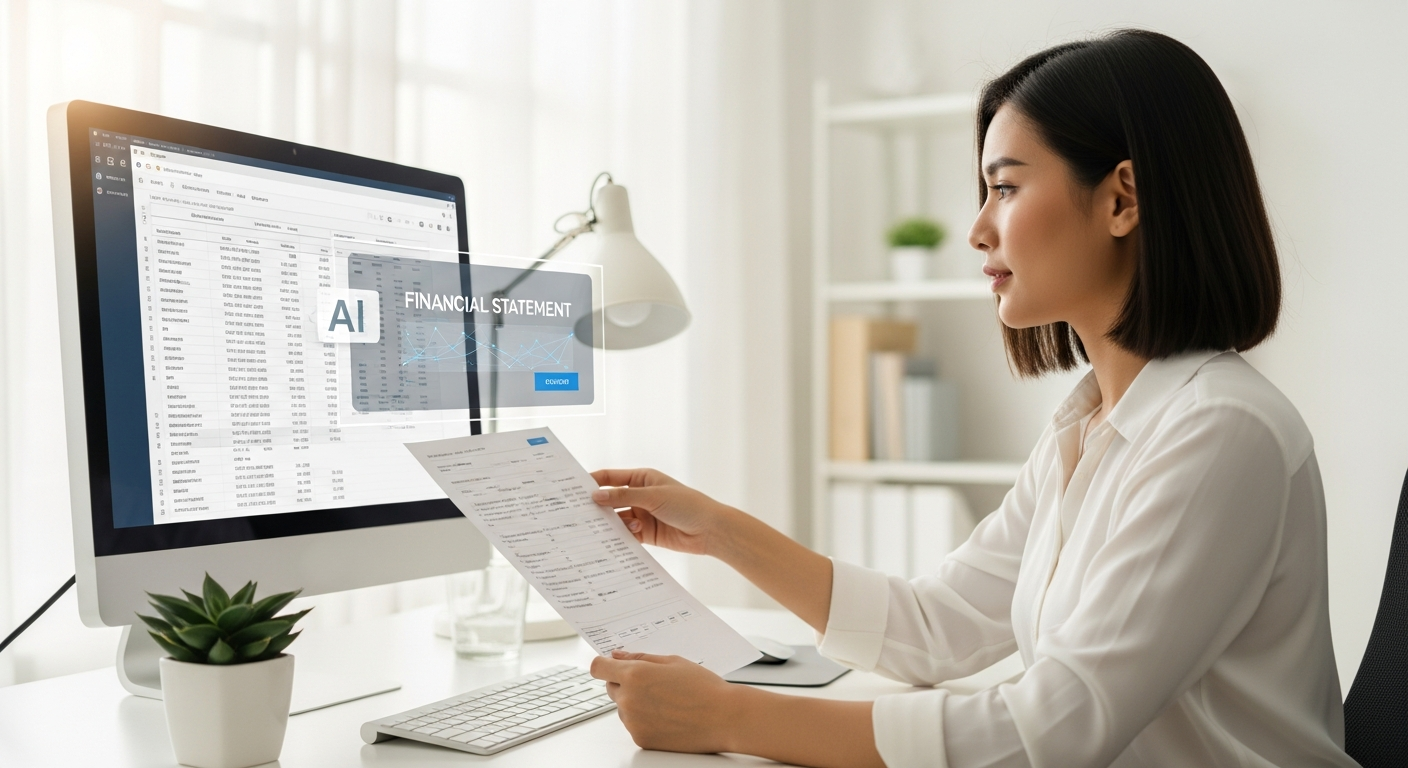 Woman analyzes a financial statement on a computer using AI software.
