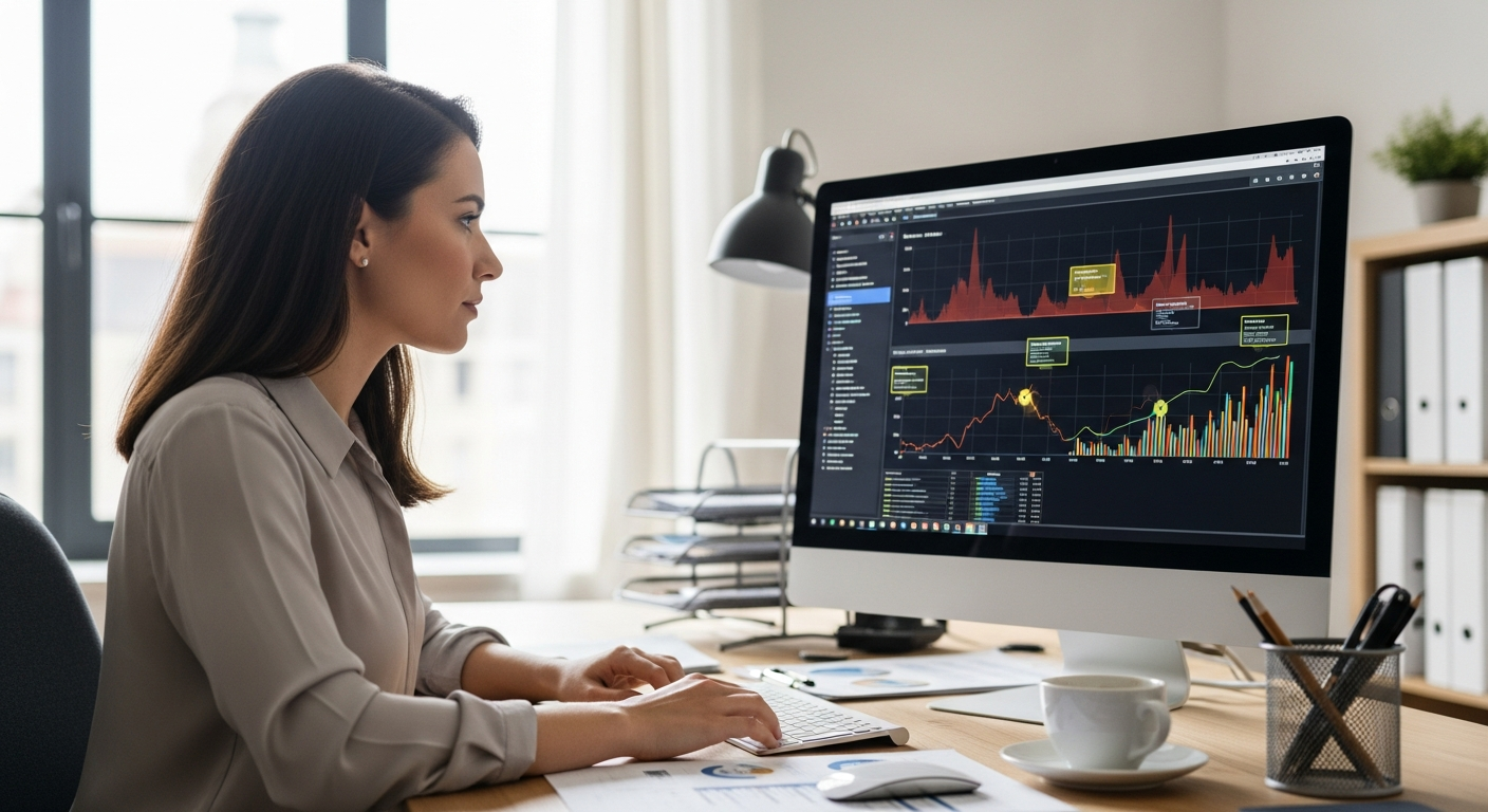 A woman analyzes data on a computer screen for fraud detection.