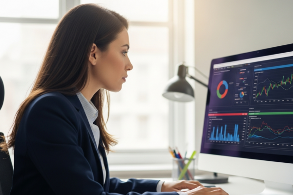 A woman analyzes financial data on a computer screen.