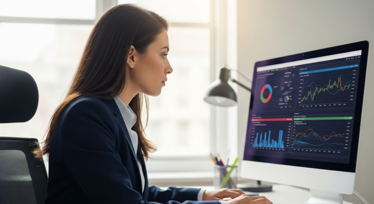 A woman analyzes financial data on a computer screen.