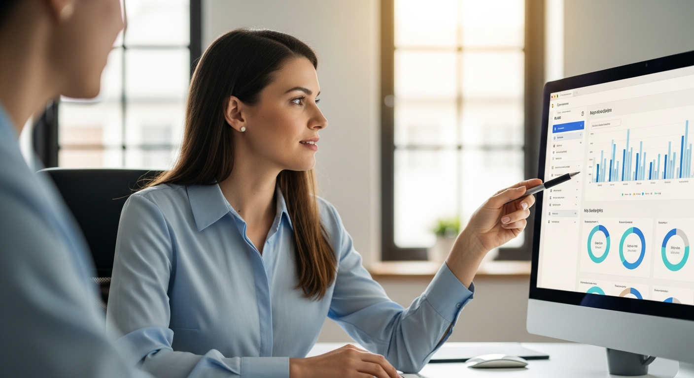 A woman analyzes HR data on a computer screen in an office.