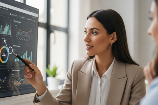 A woman analyzes HR data on a computer screen in an office.