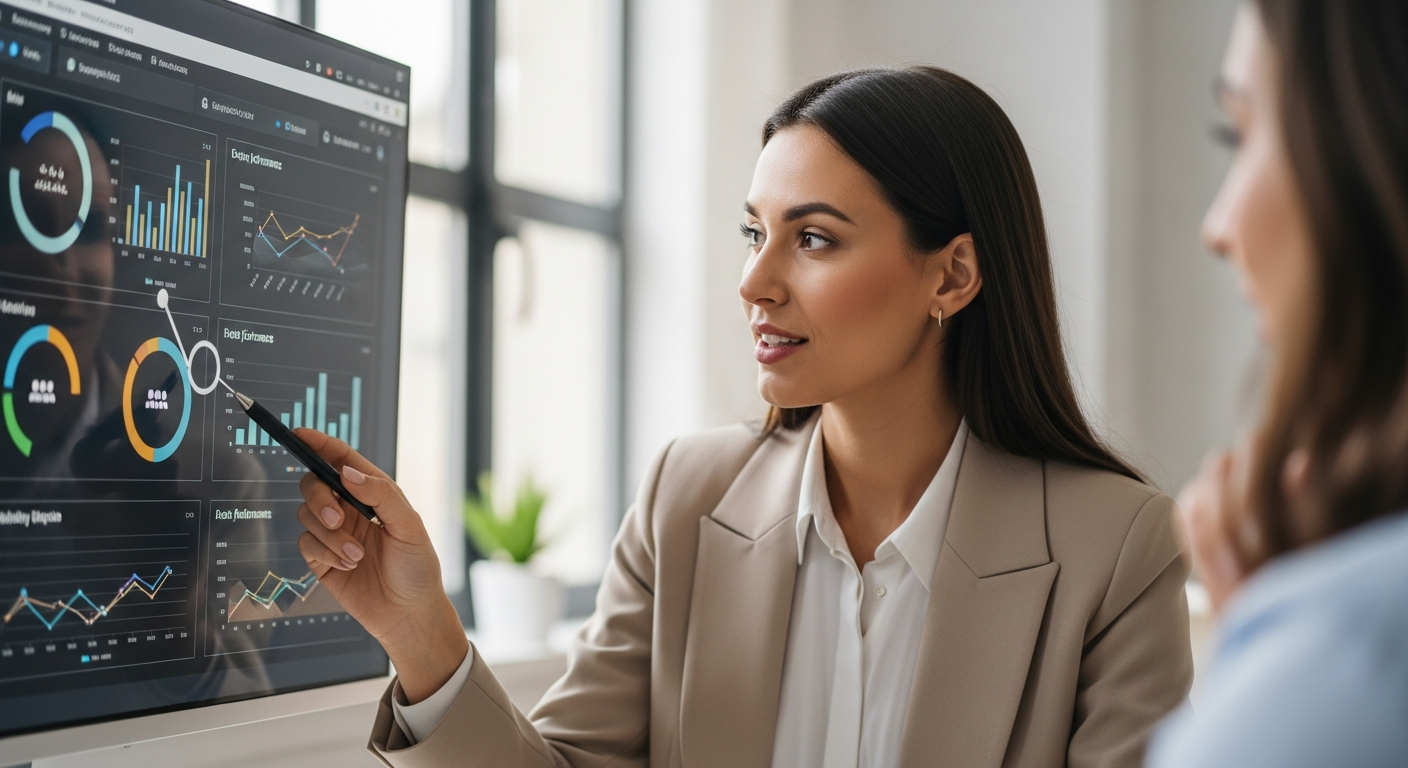 A woman analyzes HR data on a computer screen in an office.