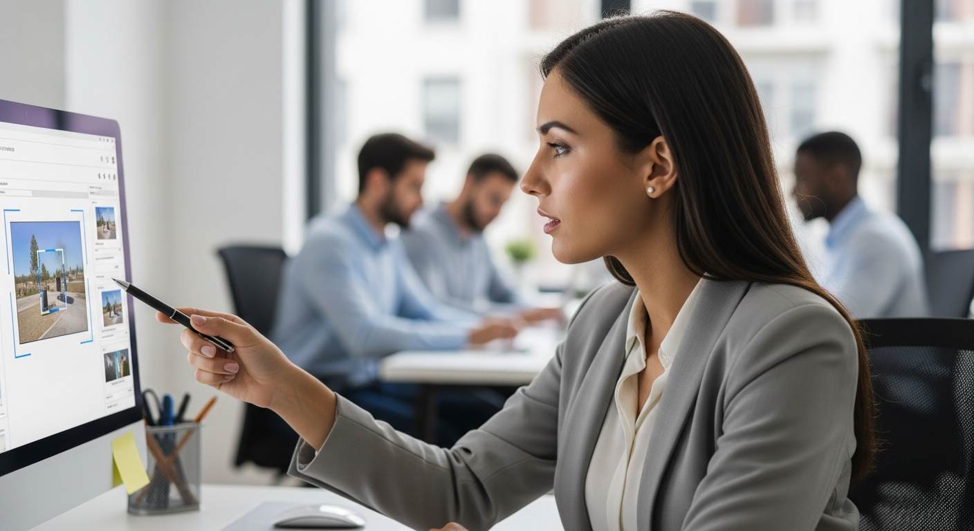 Woman using AI software for image analysis on a computer