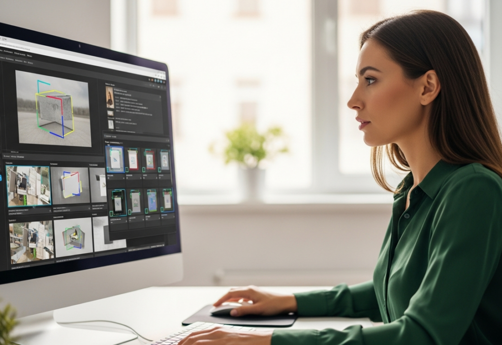 Woman analyzes images with AI software on a computer.
