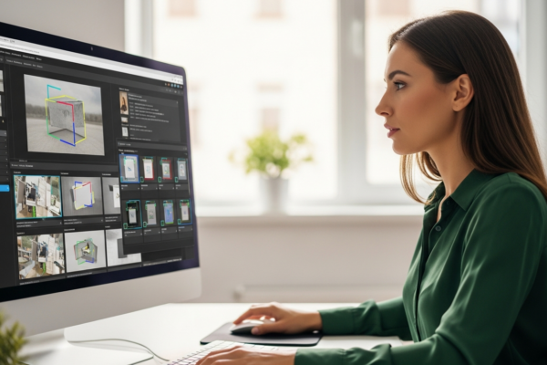 Woman analyzes images with AI software on a computer.