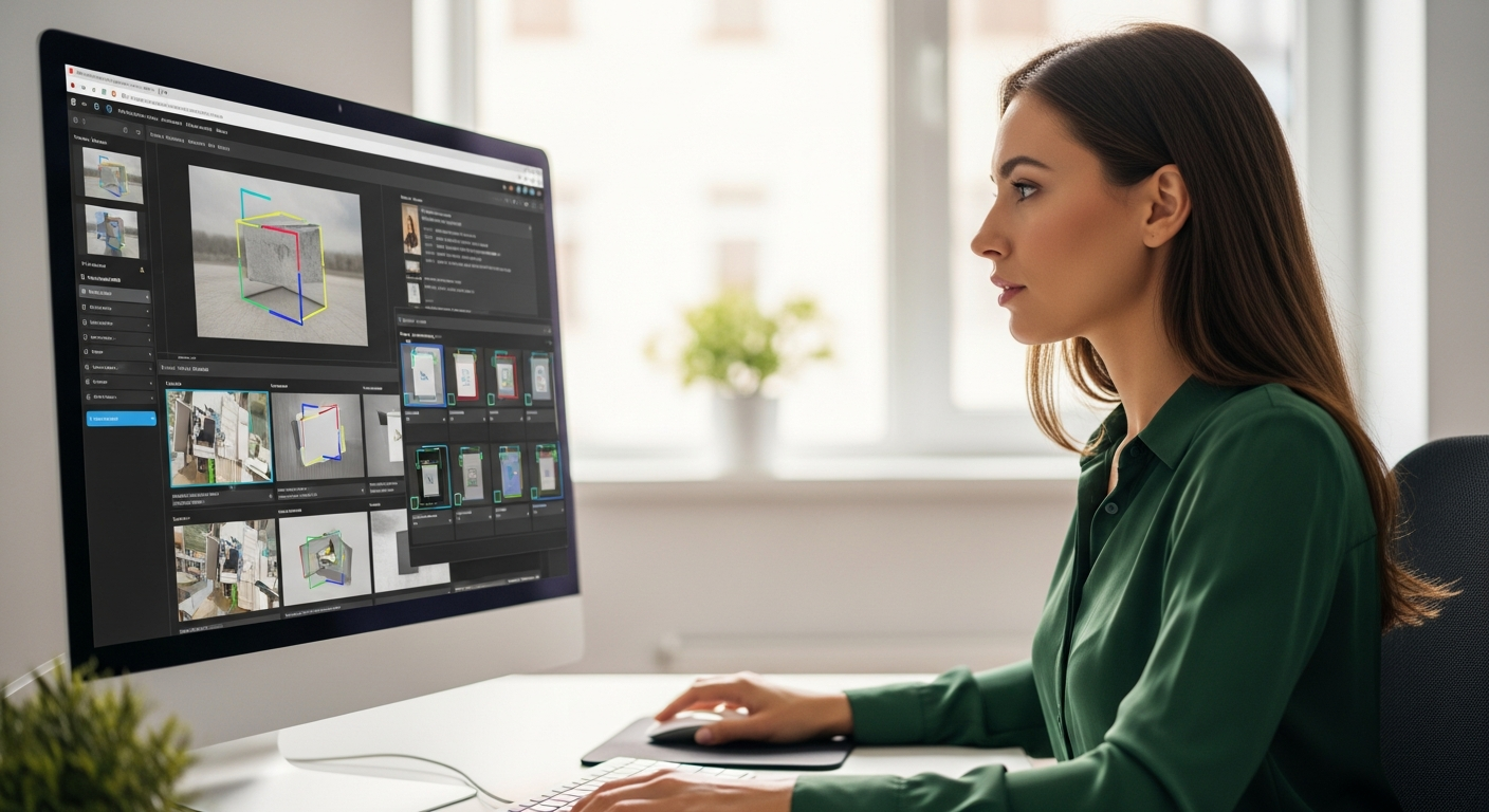 Woman analyzes images with AI software on a computer.