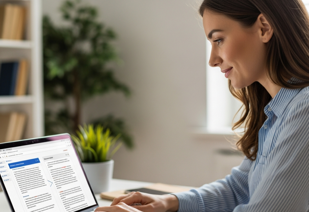Woman using AI translation tool on laptop