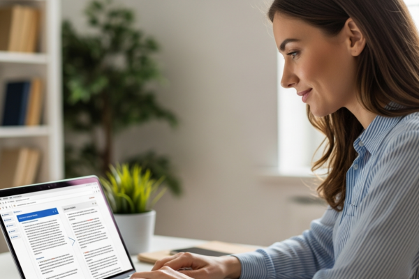 Woman using AI translation tool on laptop
