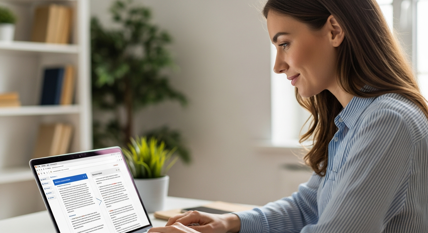 Woman using AI translation tool on laptop