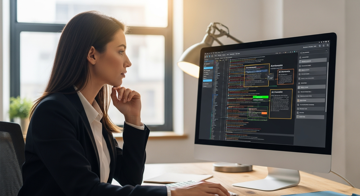 Woman analyzing log data using AI on a computer screen.