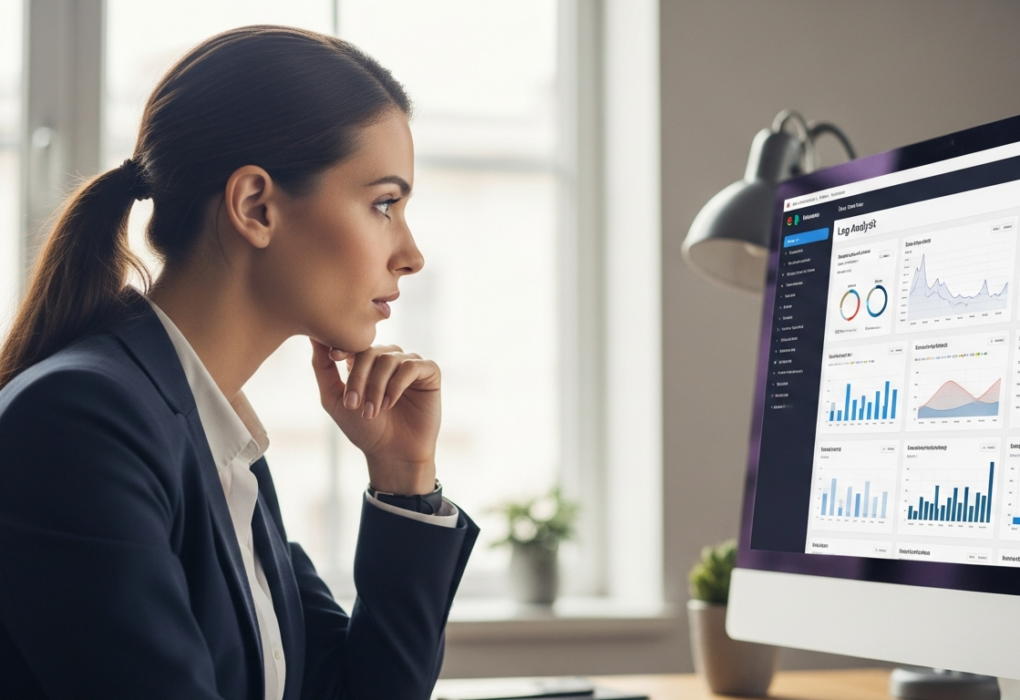 A woman analyzes log data on a computer screen.