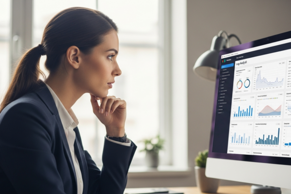 A woman analyzes log data on a computer screen.
