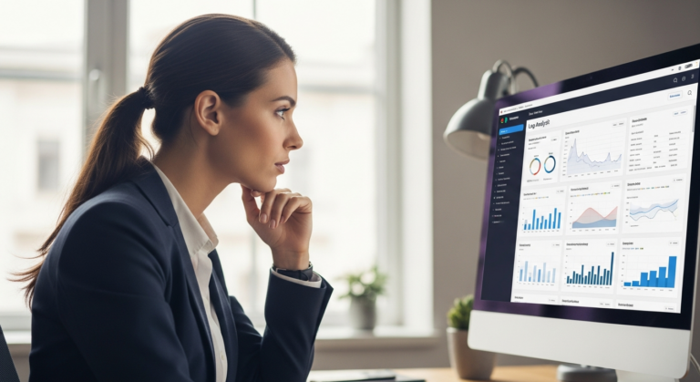 A woman analyzes log data on a computer screen.