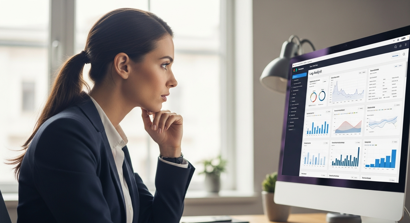 A woman analyzes log data on a computer screen.