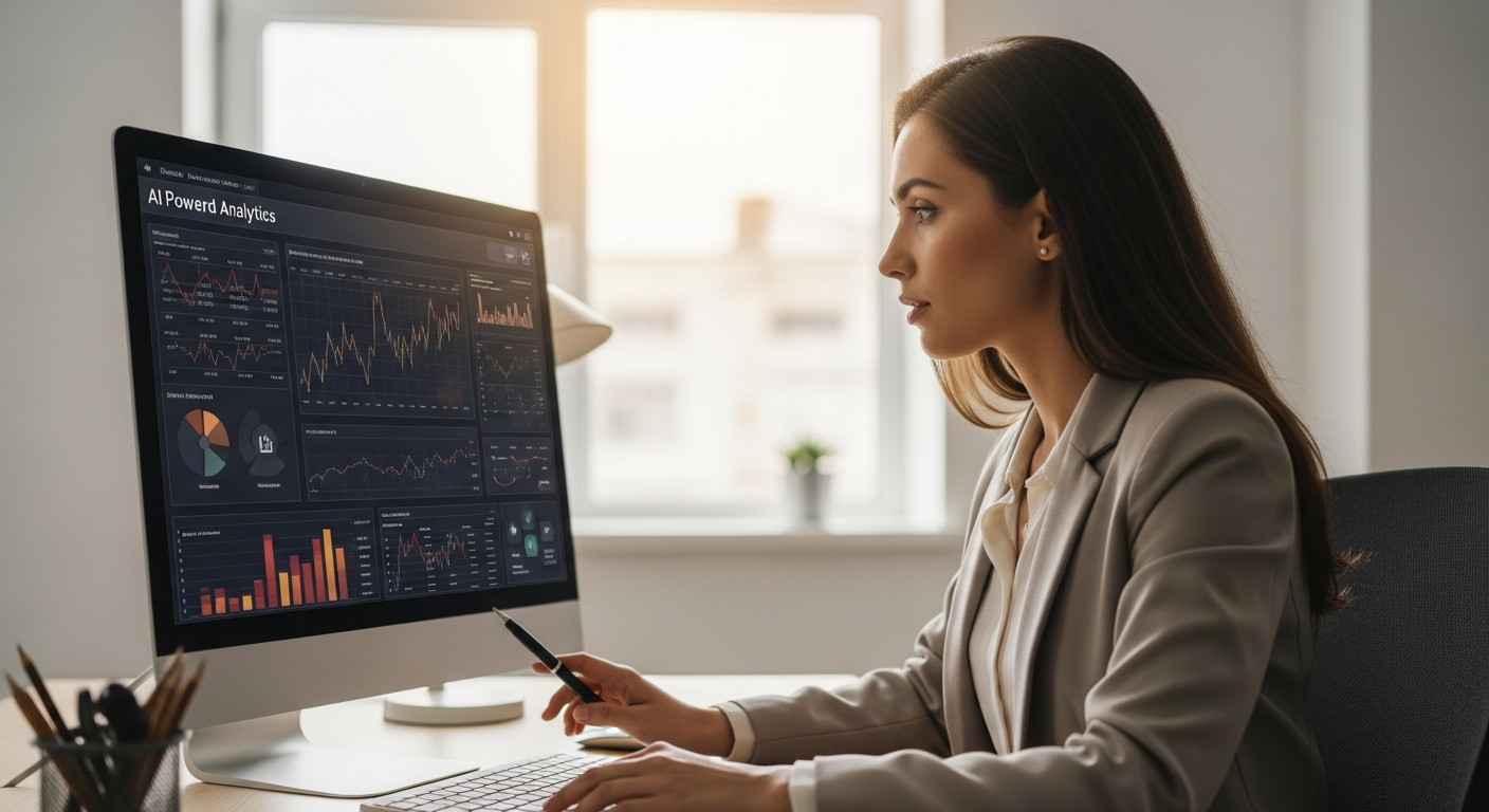 Woman analyzing market data using AI tools on a computer screen
