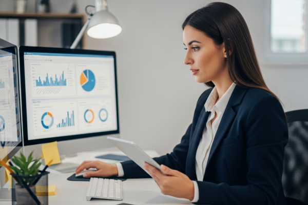 Woman analyzing market research data on a computer and tablet.